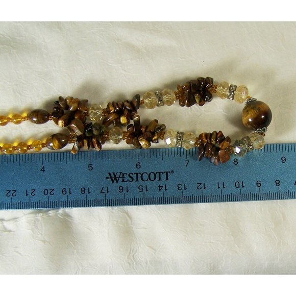 Tiger's Eye Stone Necklace Sphere Focal Two-strand Chips Rhinestone Rondelles - Picture 7 of 8